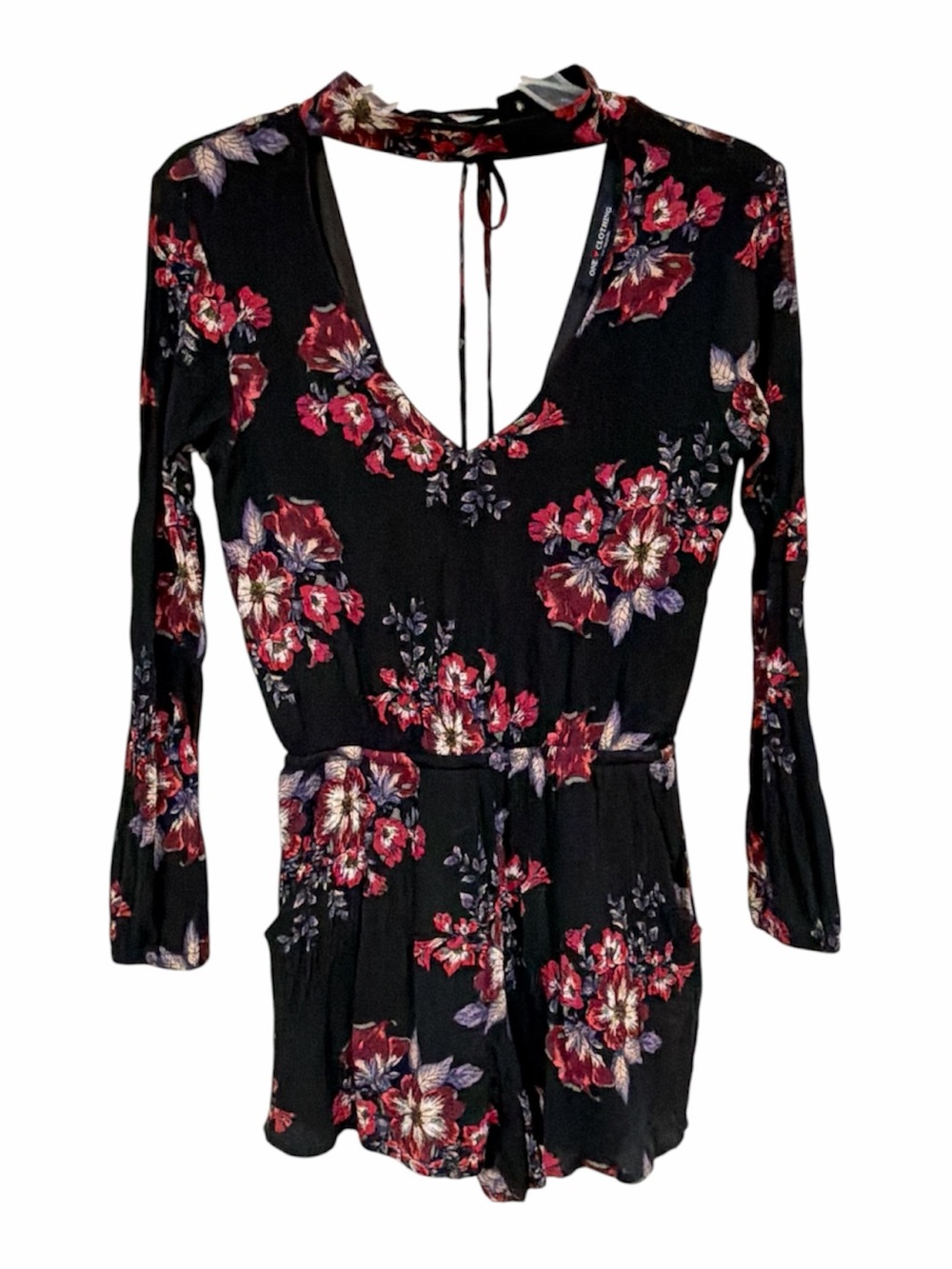 Floral V-Neck Mini Dress with Choker Tie - Black & Burgundy